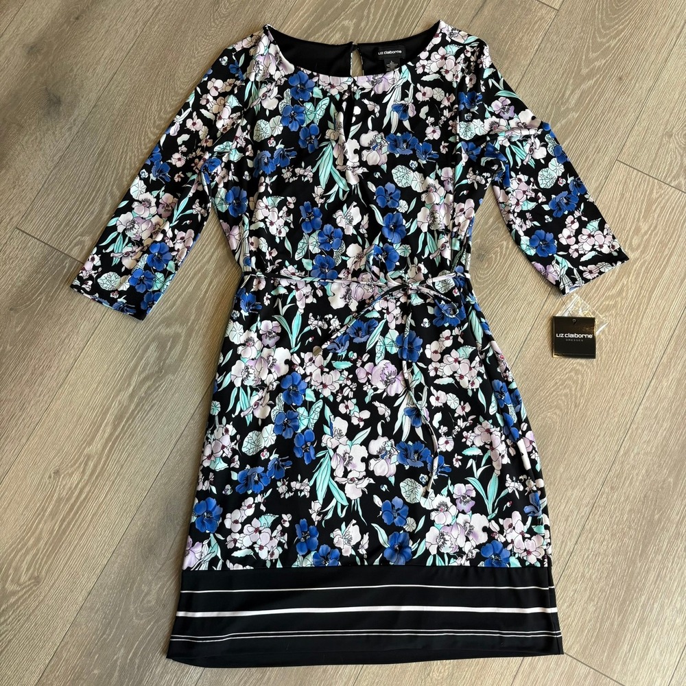 Liz Claiborne Floral Sheath Dress Black Blue 3/4 Sleeve Keyhole Neck L 251-2038